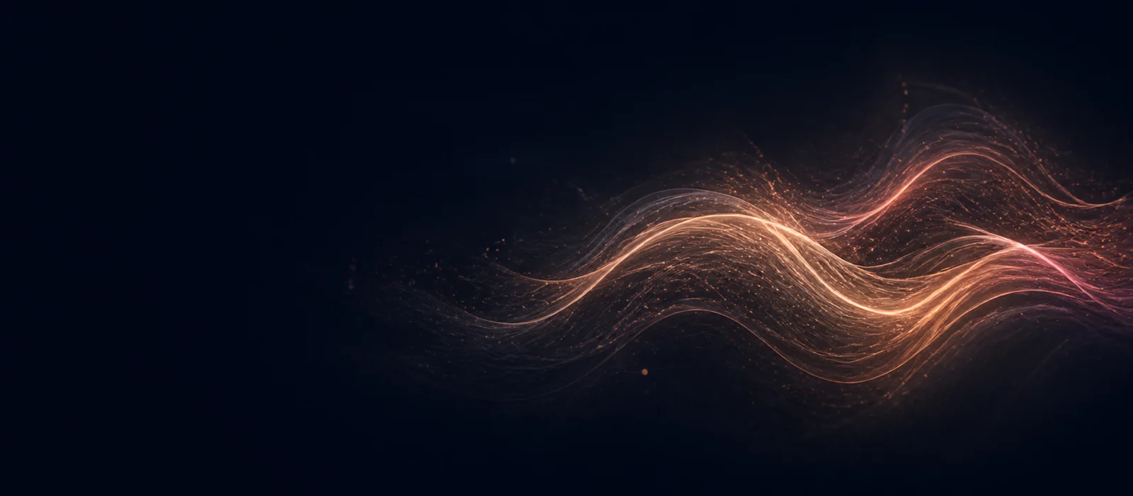Calm coral filaments flowing like a breath through a dark field.
