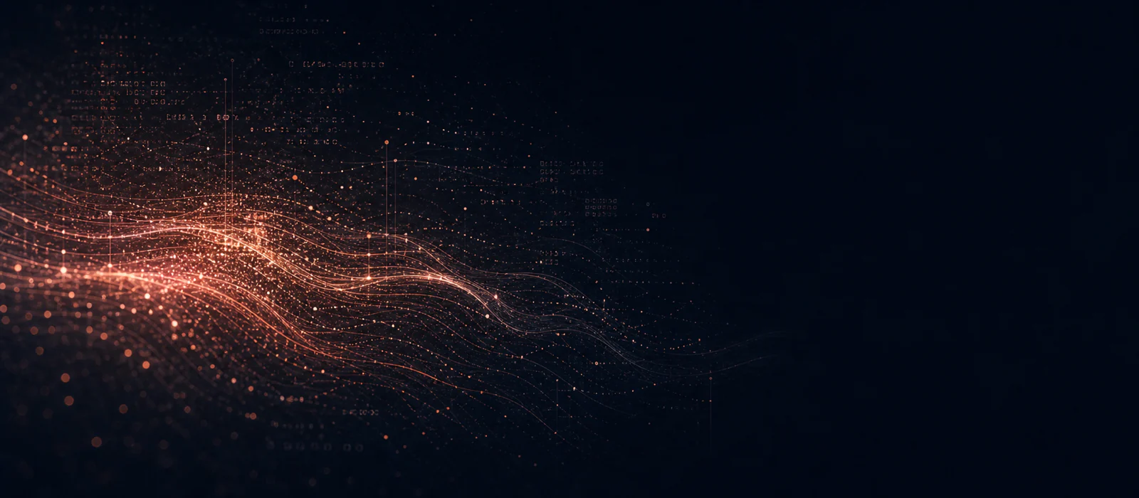 Warm streams of particles and abstract information fragments moving through a dark field.