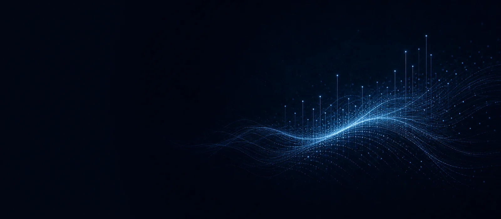 A cool blue field of measured points and luminous waves representing model confidence.